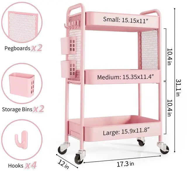 Alt view image 5 of 7 - 3 Tier Rolling Cart Storage Organizer, Metal Rolling Utility Cart with Wheels, Hooks & Bins Esthetician Craft Art Sturdy Storage with Pegboard for Bathroom, Kitchen, Office, Nursery Diaper