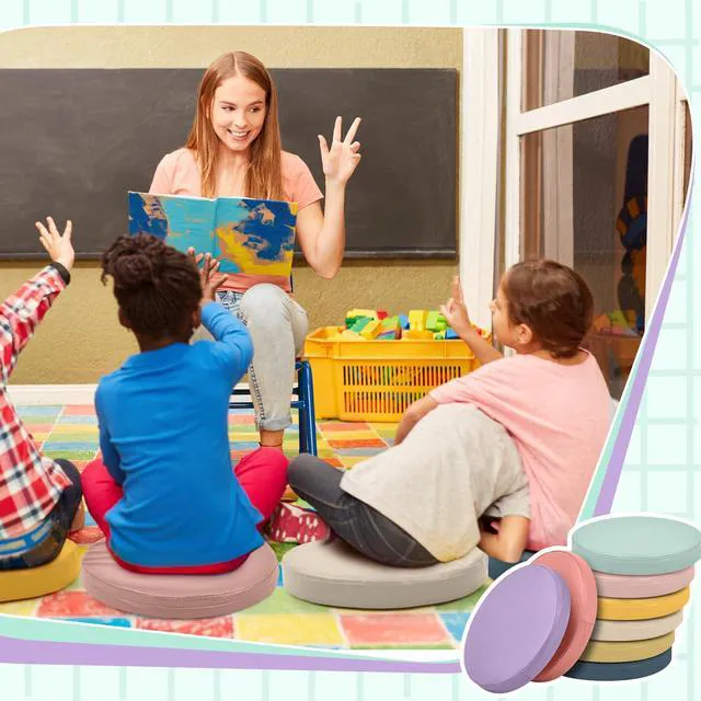 Alt view image 7 of 7 - 8 Pcs Floor Cushions Kids, Hippie Boho Color, 13.8 x 13.8 x 2 Inch Extra Thick 2" Flexible Seating Classroom, Assorted Colored Floor Pillow, Soft Round Cushions for Kids Students Office School