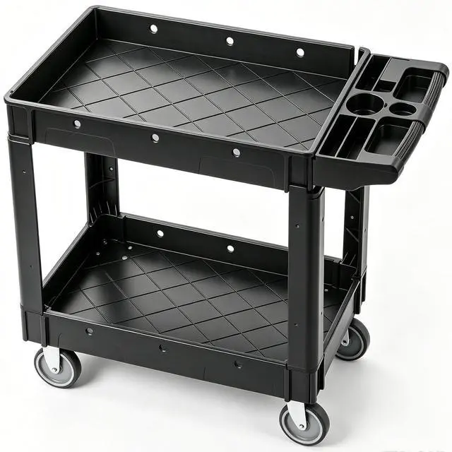 Main image of Utility Service Cart, 2 Shelf 550LBS Heavy Duty Plastic Rolling Utility Cart, Medium Lipped Shelf, 360° Swivel Wheels, Ergonomic Storage Handle for Warehouse Garage, Black