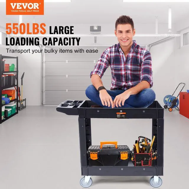 Alt view image 2 of 7 - Utility Service Cart, 2 Shelf 550LBS Heavy Duty Plastic Rolling Utility Cart, Medium Lipped Shelf, 360° Swivel Wheels, Ergonomic Storage Handle for Warehouse Garage, Black