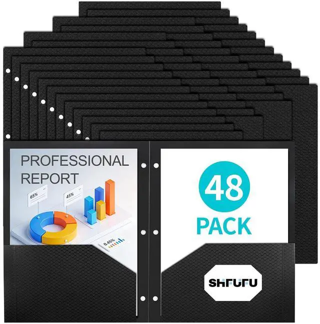 Main image of 48 Pcs Textured 2 Pocket Folder(Black) Plastic Folders with Pockets 3 Hole Punched, Fits Letter Size 3-Ring Binder, Heavy Duty Textured Folder for School,Office,Back to School Supplies,Bulk