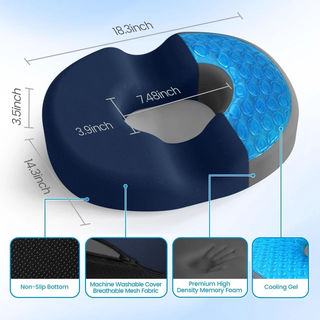 Alt view image 2 of 7 - Donut Pillow Seat Cushion, Cooling Gel Memory Foam Chair Cushion, Blue Office, Home & Car Seat Cushion, Butt Pillow for Tailbone Pain Relief, Hemorrhoids and Everyday Sitting Comfort