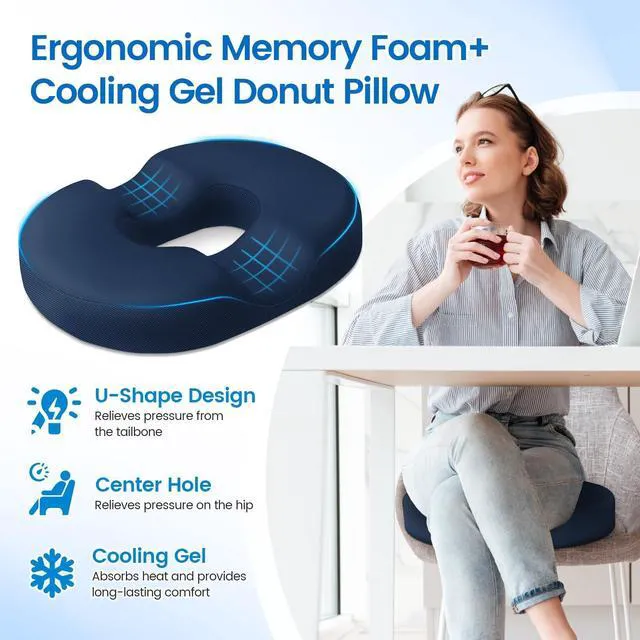 Alt view image 3 of 7 - Donut Pillow Seat Cushion, Cooling Gel Memory Foam Chair Cushion, Blue Office, Home & Car Seat Cushion, Butt Pillow for Tailbone Pain Relief, Hemorrhoids and Everyday Sitting Comfort