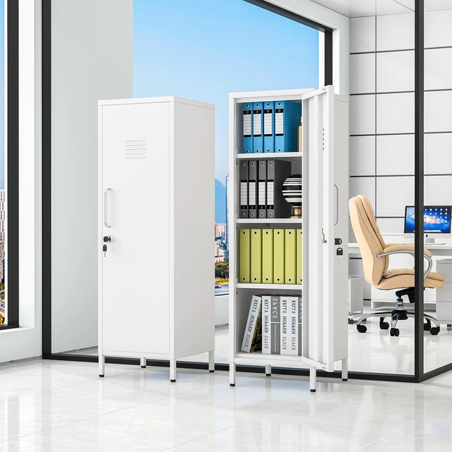 Alt view image 2 of 7 - 47.24" White Lockable Small Metal Storage Locker Employees Locker 1 Door & 3 Adjustable Shelves, Steel Cabinet for Employees, Home, School, Office & Gym
