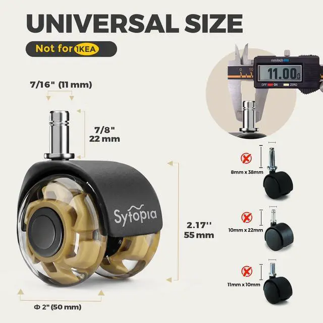 Alt view image 2 of 7 - Office Chair Wheels 2" Desk Chair Caster Wheels Smooth Roller Style Quiet for Carpet and Hardwood Floors Universal Fit 11x22 mm Set of 5 Yellow