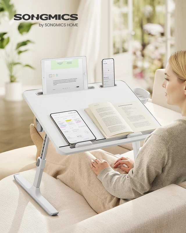Alt view image 2 of 7 - Bed Laptop Desk, Foldable, Adjustable Height, 15.7 x 22 Inches Portable Bed Sofa Table, Large Desktop, 120° Stepless Tilt, Cup Holder, Tray, White, ISLAND Collection ULLD113WB01