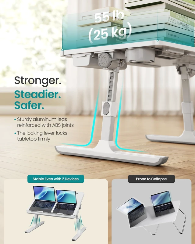 Alt view image 3 of 7 - Bed Laptop Desk, Foldable, Adjustable Height, 15.7 x 22 Inches Portable Bed Sofa Table, Large Desktop, 120° Stepless Tilt, Cup Holder, Tray, White, ISLAND Collection ULLD113WB01