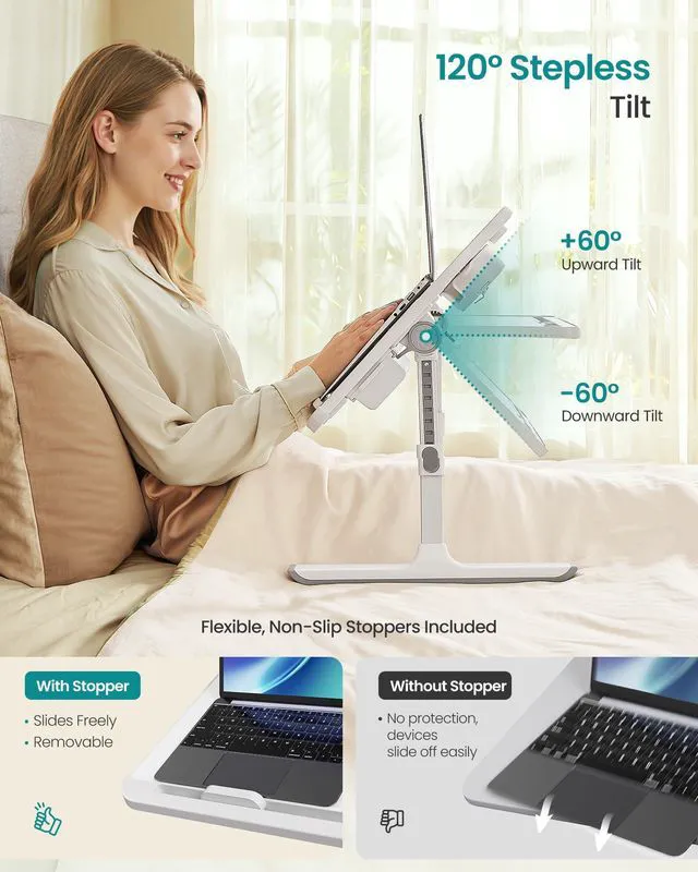 Alt view image 4 of 7 - Bed Laptop Desk, Foldable, Adjustable Height, 15.7 x 22 Inches Portable Bed Sofa Table, Large Desktop, 120° Stepless Tilt, Cup Holder, Tray, White, ISLAND Collection ULLD113WB01