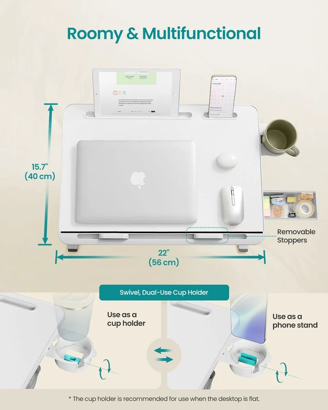 Alt view image 5 of 7 - Bed Laptop Desk, Foldable, Adjustable Height, 15.7 x 22 Inches Portable Bed Sofa Table, Large Desktop, 120° Stepless Tilt, Cup Holder, Tray, White, ISLAND Collection ULLD113WB01