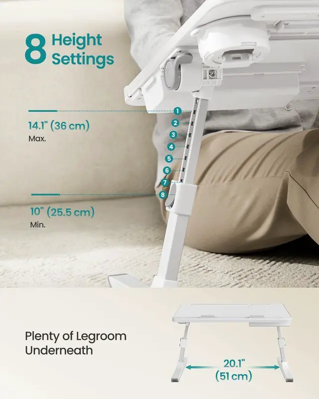 Alt view image 6 of 7 - Bed Laptop Desk, Foldable, Adjustable Height, 15.7 x 22 Inches Portable Bed Sofa Table, Large Desktop, 120° Stepless Tilt, Cup Holder, Tray, White, ISLAND Collection ULLD113WB01