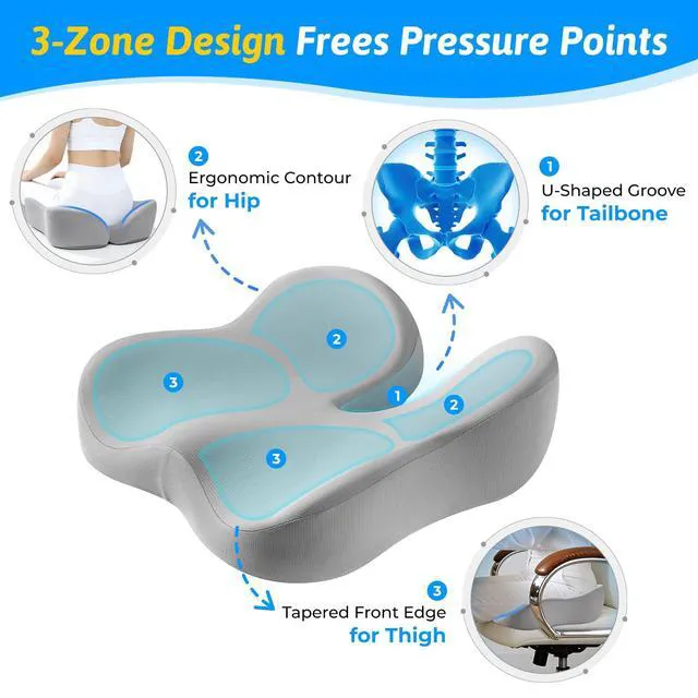 Alt view image 4 of 7 - Seat Cushion for Tailbone & Sciatica Pain Relief Certified & Ergonomist-Designed,Tapered Front Edge Reduces Thigh Pressure,Wide Memory Foam for Office Chair, Car, Wheelchair