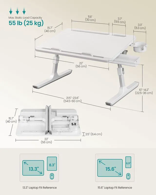 Alt view image 7 of 7 - Bed Laptop Desk, Foldable, Adjustable Height, 15.7 x 22 Inches Portable Bed Sofa Table, Large Desktop, 120° Stepless Tilt, Cup Holder, Tray, White, ISLAND Collection ULLD113WB01