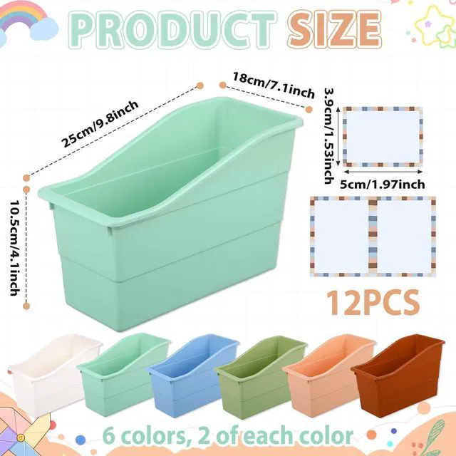 Alt view image 2 of 7 - 12 Pack Large Book Bins with Labels (Boho) Durable Plastic,Stackable Magazine Organizer,Storage Bins for Classroom,Library,Office,Bookshelf Categorization