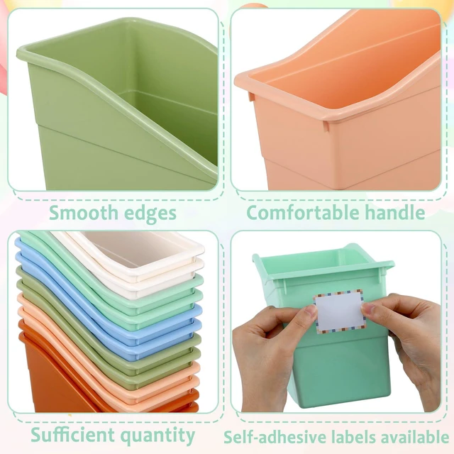 Alt view image 3 of 7 - 12 Pack Large Book Bins with Labels (Boho) Durable Plastic,Stackable Magazine Organizer,Storage Bins for Classroom,Library,Office,Bookshelf Categorization