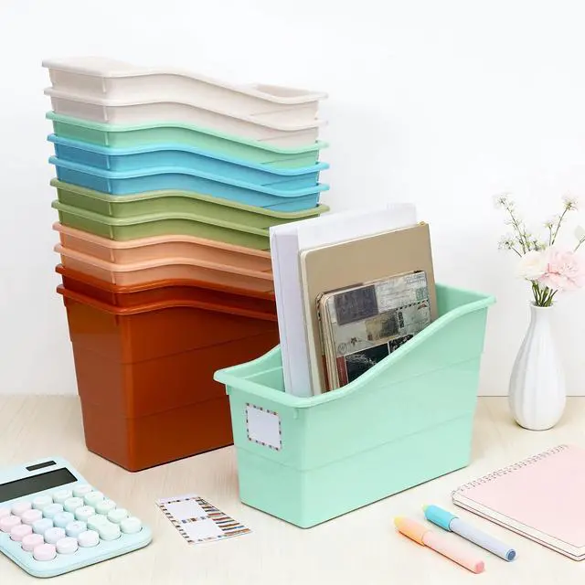 Alt view image 4 of 7 - 12 Pack Large Book Bins with Labels (Boho) Durable Plastic,Stackable Magazine Organizer,Storage Bins for Classroom,Library,Office,Bookshelf Categorization