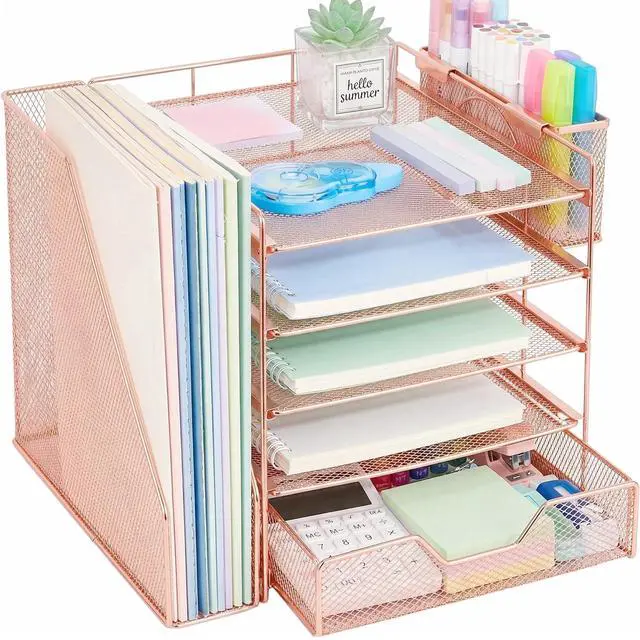Main image of 5-Tier Desk File Organizer with Drawer & Pen Holder (Rose Gold) Desk Organizers and Accessories, Office Desk Accessories & Workspace Desktop Organizers for Classroom, Home, Office Supplies