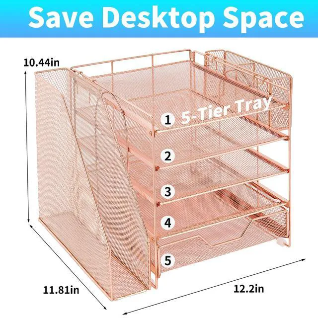 Alt view image 2 of 7 - 5-Tier Desk File Organizer with Drawer & Pen Holder (Rose Gold) Desk Organizers and Accessories, Office Desk Accessories & Workspace Desktop Organizers for Classroom, Home, Office Supplies