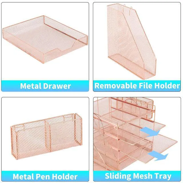 Alt view image 3 of 7 - 5-Tier Desk File Organizer with Drawer & Pen Holder (Rose Gold) Desk Organizers and Accessories, Office Desk Accessories & Workspace Desktop Organizers for Classroom, Home, Office Supplies