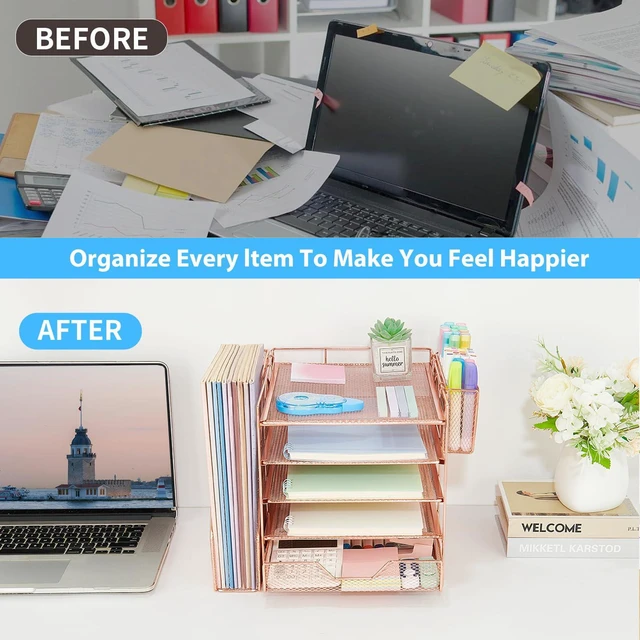 Alt view image 4 of 7 - 5-Tier Desk File Organizer with Drawer & Pen Holder (Rose Gold) Desk Organizers and Accessories, Office Desk Accessories & Workspace Desktop Organizers for Classroom, Home, Office Supplies
