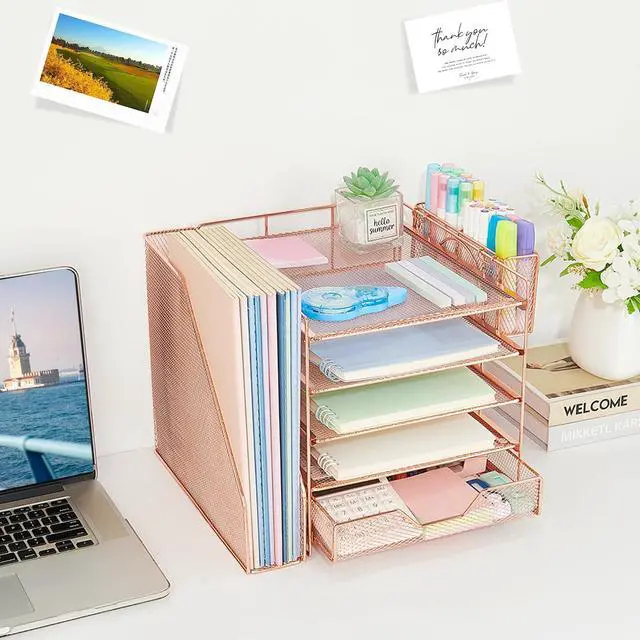 Alt view image 5 of 7 - 5-Tier Desk File Organizer with Drawer & Pen Holder (Rose Gold) Desk Organizers and Accessories, Office Desk Accessories & Workspace Desktop Organizers for Classroom, Home, Office Supplies