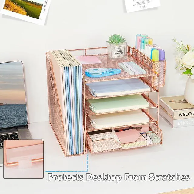 Alt view image 6 of 7 - 5-Tier Desk File Organizer with Drawer & Pen Holder (Rose Gold) Desk Organizers and Accessories, Office Desk Accessories & Workspace Desktop Organizers for Classroom, Home, Office Supplies