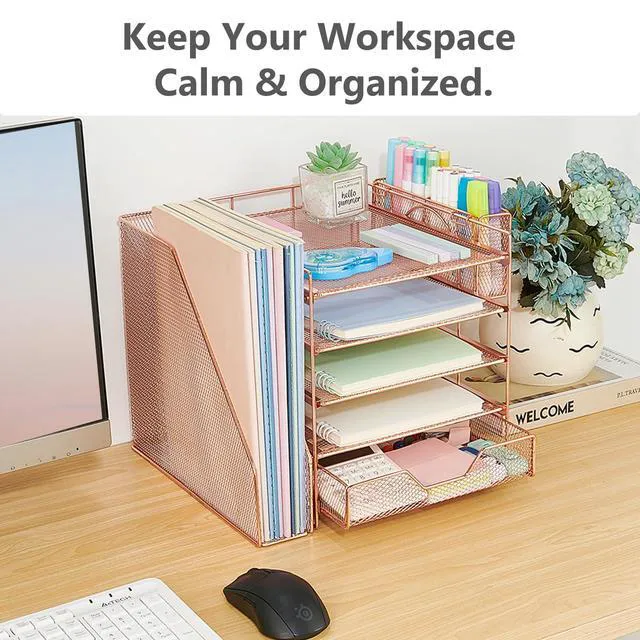 Alt view image 7 of 7 - 5-Tier Desk File Organizer with Drawer & Pen Holder (Rose Gold) Desk Organizers and Accessories, Office Desk Accessories & Workspace Desktop Organizers for Classroom, Home, Office Supplies