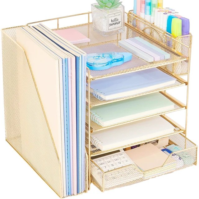 Main image of 5-Tier Desk File Organizer with Drawer & Pen Holder (Gold) Desk Organizers and Accessories, Office Desk Accessories & Workspace Desktop Organizers for Classroom, Home, Office Supplies