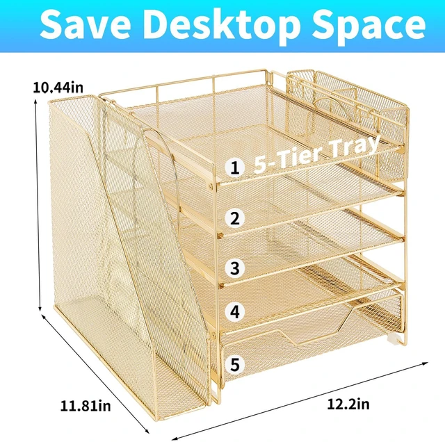 Alt view image 2 of 7 - 5-Tier Desk File Organizer with Drawer & Pen Holder (Gold) Desk Organizers and Accessories, Office Desk Accessories & Workspace Desktop Organizers for Classroom, Home, Office Supplies