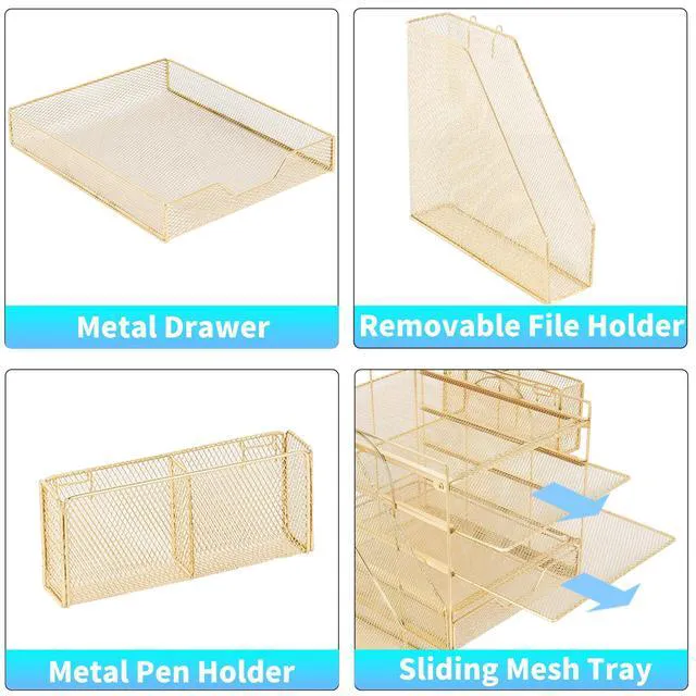 Alt view image 3 of 7 - 5-Tier Desk File Organizer with Drawer & Pen Holder (Gold) Desk Organizers and Accessories, Office Desk Accessories & Workspace Desktop Organizers for Classroom, Home, Office Supplies