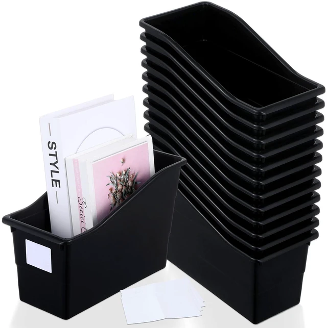 Main image of 12 Pack Large Book Bins with Labels (Black) Durable Plastic,Stackable Magazine Organizer,Storage Bins for Classroom,Library,Office,Bookshelf Categorization