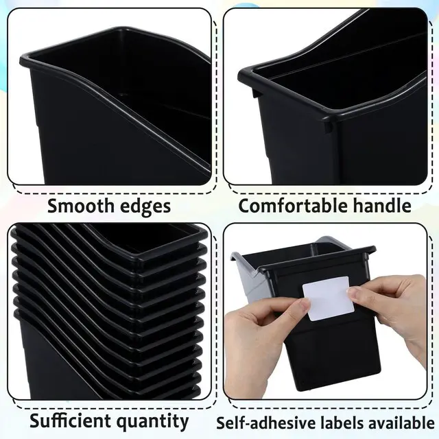 Alt view image 3 of 7 - 12 Pack Large Book Bins with Labels (Black) Durable Plastic,Stackable Magazine Organizer,Storage Bins for Classroom,Library,Office,Bookshelf Categorization