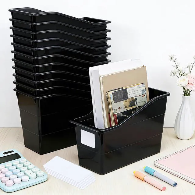 Alt view image 4 of 7 - 12 Pack Large Book Bins with Labels (Black) Durable Plastic,Stackable Magazine Organizer,Storage Bins for Classroom,Library,Office,Bookshelf Categorization
