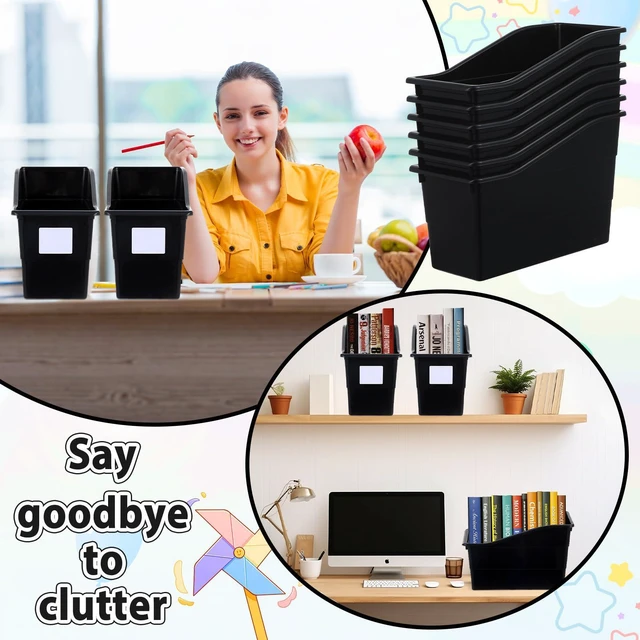 Alt view image 5 of 7 - 12 Pack Large Book Bins with Labels (Black) Durable Plastic,Stackable Magazine Organizer,Storage Bins for Classroom,Library,Office,Bookshelf Categorization