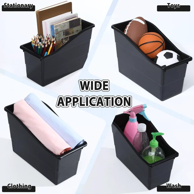 Alt view image 7 of 7 - 12 Pack Large Book Bins with Labels (Black) Durable Plastic,Stackable Magazine Organizer,Storage Bins for Classroom,Library,Office,Bookshelf Categorization
