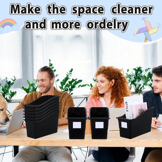 Alt view image 6 of 7 - 12 Pack Large Book Bins with Labels (Black) Durable Plastic,Stackable Magazine Organizer,Storage Bins for Classroom,Library,Office,Bookshelf Categorization