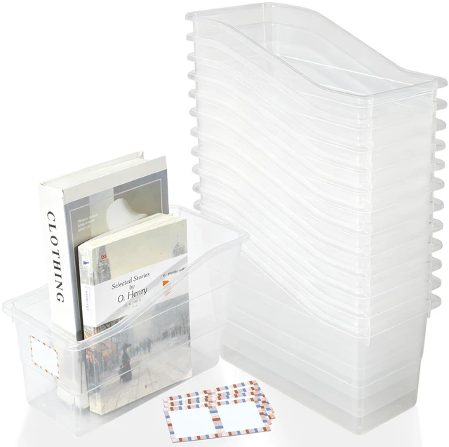 Main image of 12 Pack Large Book Bins with Labels (Clear) Durable Plastic,Stackable Magazine Organizer,Storage Bins for Classroom,Library,Office,Bookshelf Categorization