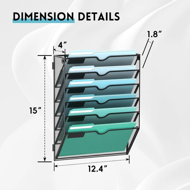Alt view image 2 of 6 - 6-Tier Wall File Organizer, Hanging File Holder, Wall Mounted Mail Sorter Metal Mesh Hanging File Organizer with Open Compartments and Label Panels for Papers and Folders at Home, Office or School