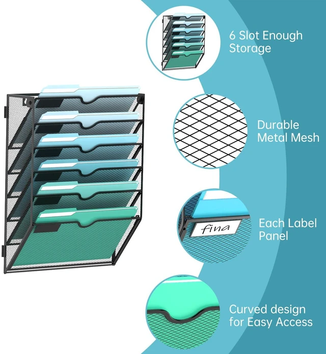 Alt view image 3 of 6 - 6-Tier Wall File Organizer, Hanging File Holder, Wall Mounted Mail Sorter Metal Mesh Hanging File Organizer with Open Compartments and Label Panels for Papers and Folders at Home, Office or School