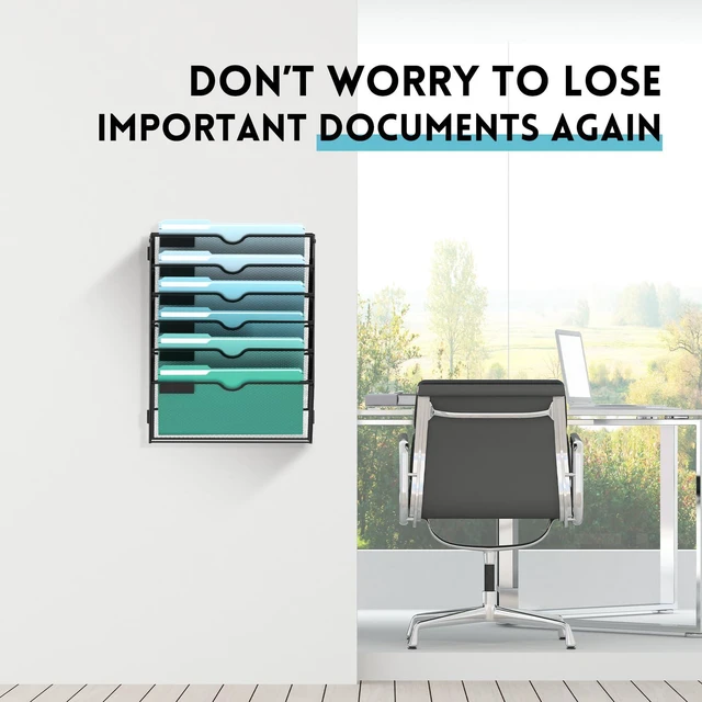 Alt view image 4 of 6 - 6-Tier Wall File Organizer, Hanging File Holder, Wall Mounted Mail Sorter Metal Mesh Hanging File Organizer with Open Compartments and Label Panels for Papers and Folders at Home, Office or School