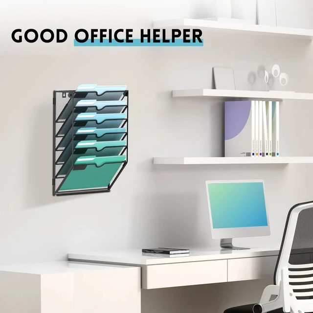 Alt view image 5 of 6 - 6-Tier Wall File Organizer, Hanging File Holder, Wall Mounted Mail Sorter Metal Mesh Hanging File Organizer with Open Compartments and Label Panels for Papers and Folders at Home, Office or School