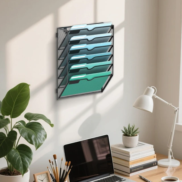 Alt view image 6 of 6 - 6-Tier Wall File Organizer, Hanging File Holder, Wall Mounted Mail Sorter Metal Mesh Hanging File Organizer with Open Compartments and Label Panels for Papers and Folders at Home, Office or School