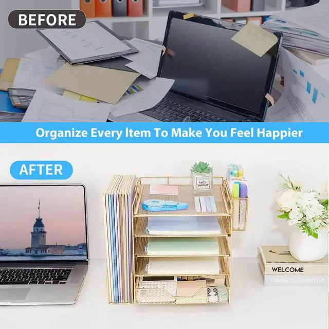 Alt view image 4 of 7 - 5-Tier Desk File Organizer with Drawer & Pen Holder (Gold) Desk Organizers and Accessories, Office Desk Accessories & Workspace Desktop Organizers for Classroom, Home, Office Supplies