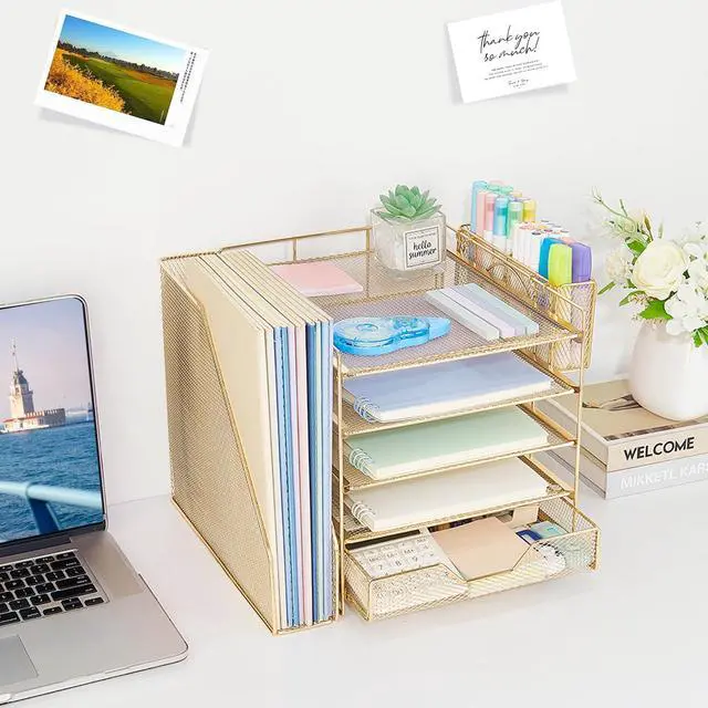 Alt view image 5 of 7 - 5-Tier Desk File Organizer with Drawer & Pen Holder (Gold) Desk Organizers and Accessories, Office Desk Accessories & Workspace Desktop Organizers for Classroom, Home, Office Supplies
