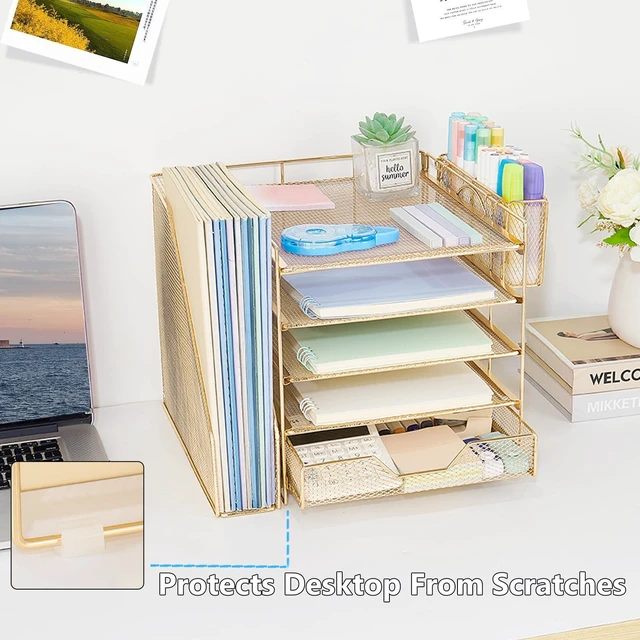 Alt view image 7 of 7 - 5-Tier Desk File Organizer with Drawer & Pen Holder (Gold) Desk Organizers and Accessories, Office Desk Accessories & Workspace Desktop Organizers for Classroom, Home, Office Supplies