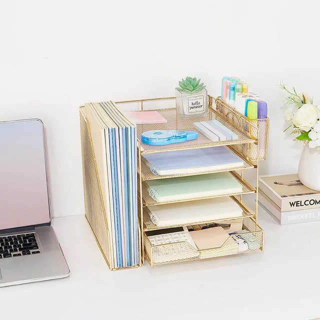Alt view image 6 of 7 - 5-Tier Desk File Organizer with Drawer & Pen Holder (Gold) Desk Organizers and Accessories, Office Desk Accessories & Workspace Desktop Organizers for Classroom, Home, Office Supplies