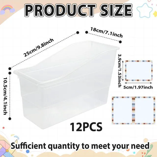 Alt view image 2 of 7 - 12 Pack Large Book Bins with Labels (Clear) Durable Plastic,Stackable Magazine Organizer,Storage Bins for Classroom,Library,Office,Bookshelf Categorization