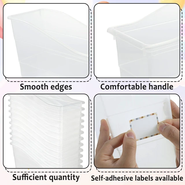 Alt view image 3 of 7 - 12 Pack Large Book Bins with Labels (Clear) Durable Plastic,Stackable Magazine Organizer,Storage Bins for Classroom,Library,Office,Bookshelf Categorization