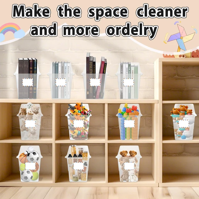 Alt view image 6 of 7 - 12 Pack Large Book Bins with Labels (Clear) Durable Plastic,Stackable Magazine Organizer,Storage Bins for Classroom,Library,Office,Bookshelf Categorization