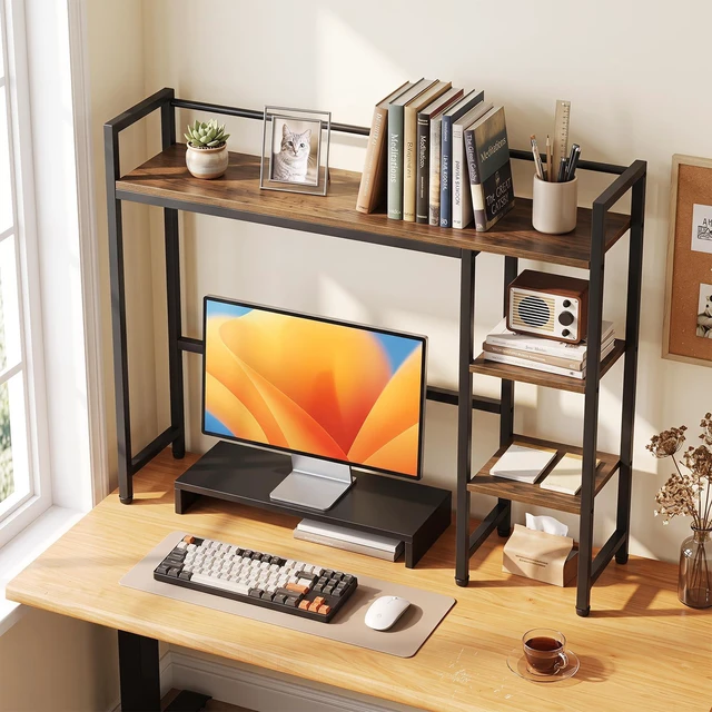 Alt view image 2 of 7 - 4-Tier Desktop Bookshelf, 38.5" Dorm Desk Hutch, Rustic Brown Tabletop Hutch for Computer Monitor, 4 Open Storage Shelves, Anti-tip Device, Desktop Display Shelves for Home Office