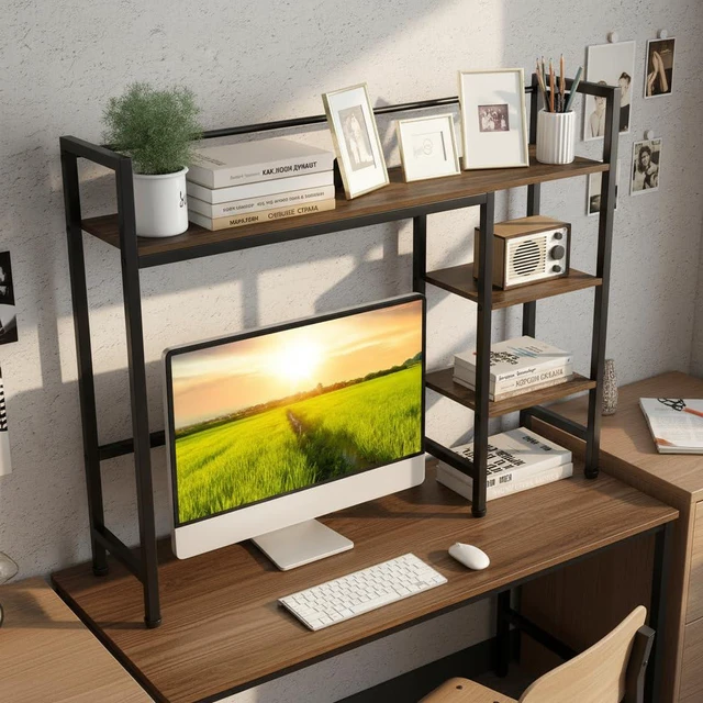 Alt view image 4 of 7 - 4-Tier Desktop Bookshelf, 38.5" Dorm Desk Hutch, Rustic Brown Tabletop Hutch for Computer Monitor, 4 Open Storage Shelves, Anti-tip Device, Desktop Display Shelves for Home Office